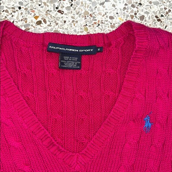 Ralph Lauren Sport 100% cotton cable knit sweater v neck medium m magenta - Picture 2 of 5
